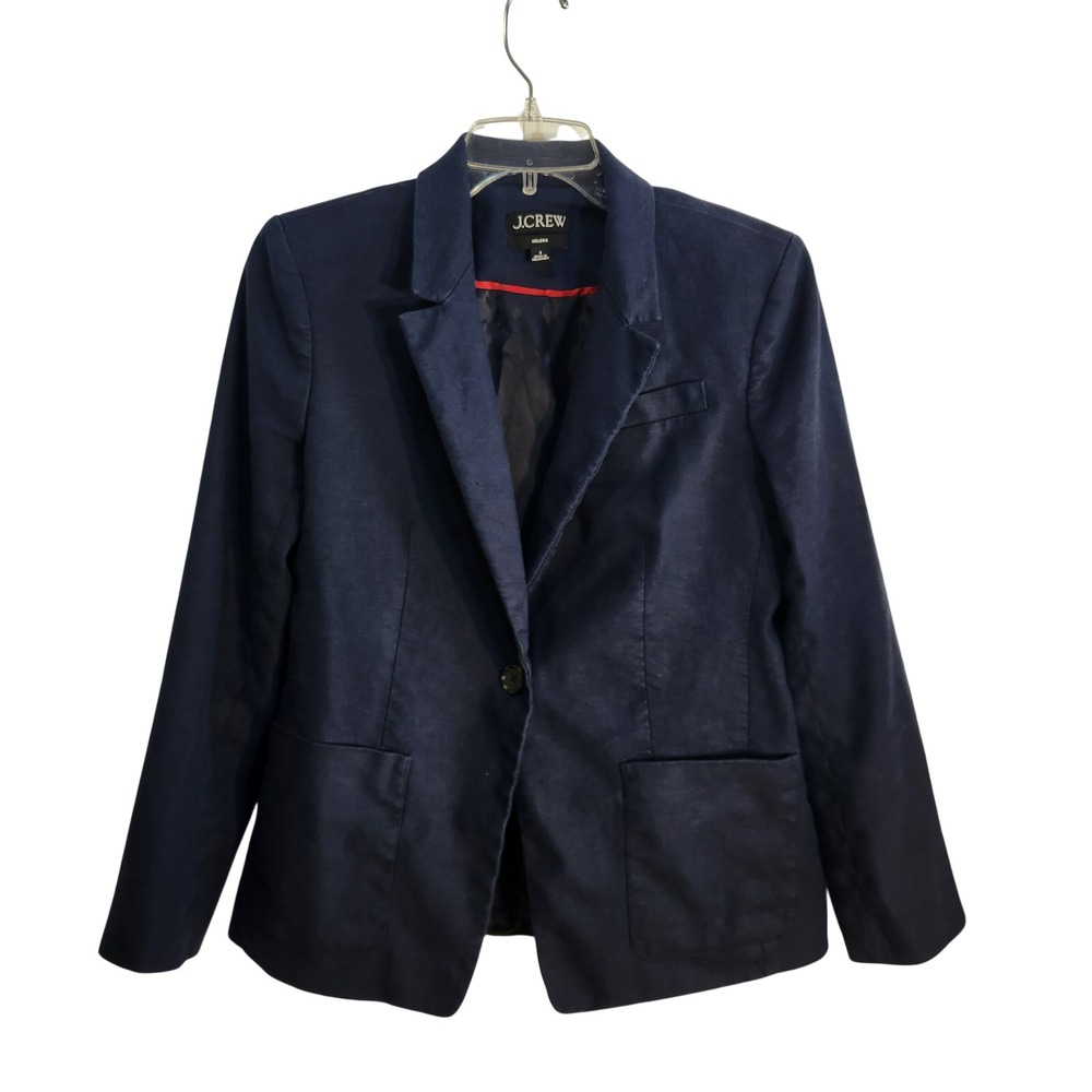 J.Crew Helena Navy Blue Linen Blend One Button Blazer Jacket Size 8 Preppy Fall